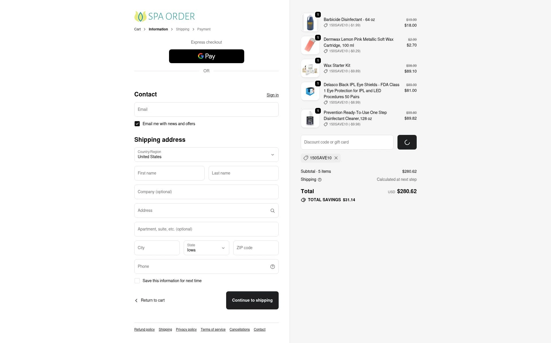 Spa Order checkout page showing Spa Order discount code box | Screenshot taken by SimplyCodes community member on Feb 5, 2026