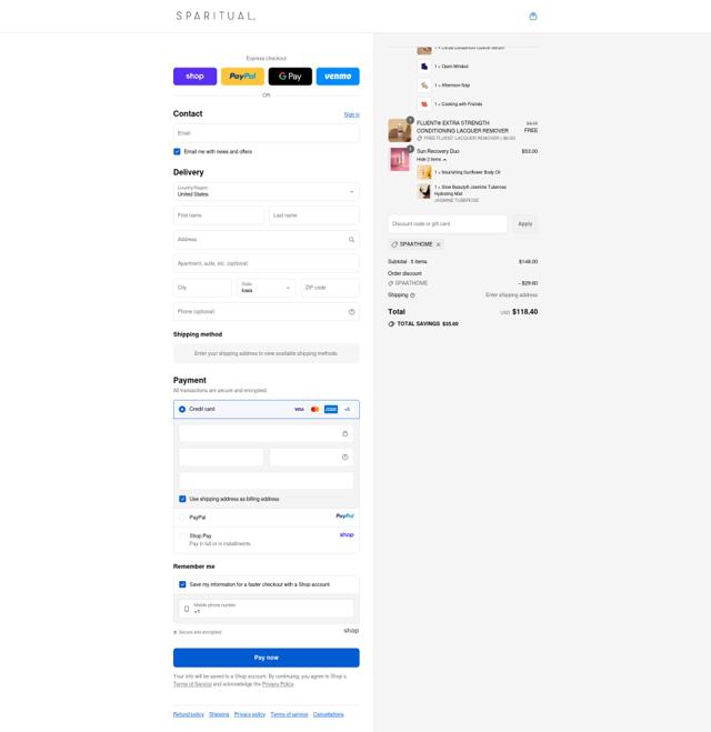 Sparitual checkout page showing Sparitual promo code box | Screenshot taken by SimplyCodes community member on Sep 15, 2025