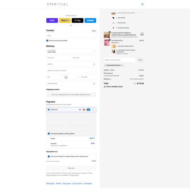 Sparitual checkout page showing Sparitual promo code box | Screenshot taken by SimplyCodes community member on Sep 15, 2025
