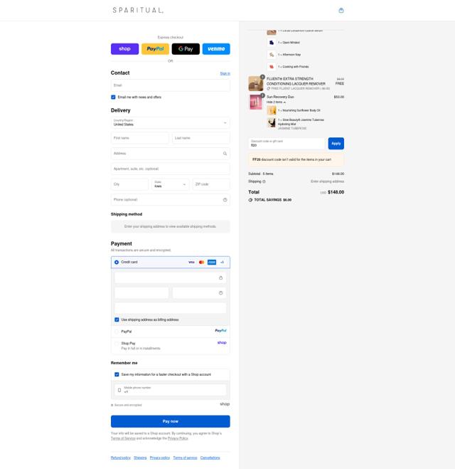 Sparitual checkout page showing Sparitual promo code box | Screenshot taken by SimplyCodes community member on Sep 15, 2025