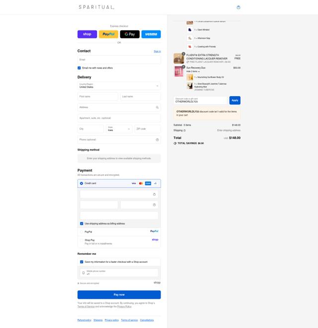 Sparitual checkout page showing Sparitual promo code box | Screenshot taken by SimplyCodes community member on Sep 15, 2025
