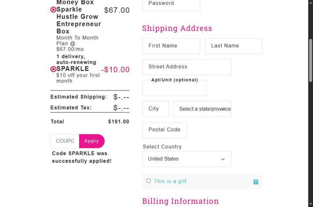 Sparkle Hustle Grow checkout page showing Sparkle Hustle Grow coupon code box | Screenshot taken by SimplyCodes community member on Sep 15, 2025