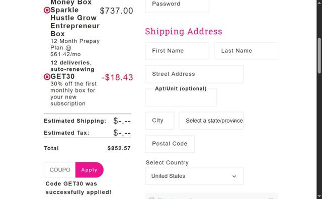 Sparkle Hustle Grow checkout page showing Sparkle Hustle Grow coupon code box | Screenshot taken by SimplyCodes community member on Aug 23, 2025