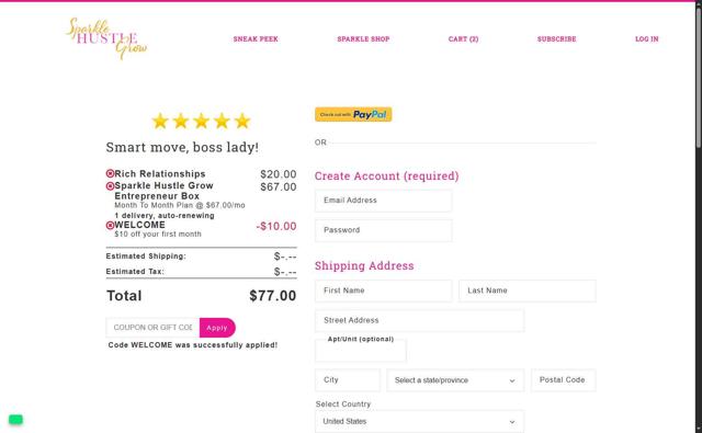 Sparkle Hustle Grow checkout page showing Sparkle Hustle Grow coupon code box | Screenshot taken by SimplyCodes community member on Jul 10, 2025