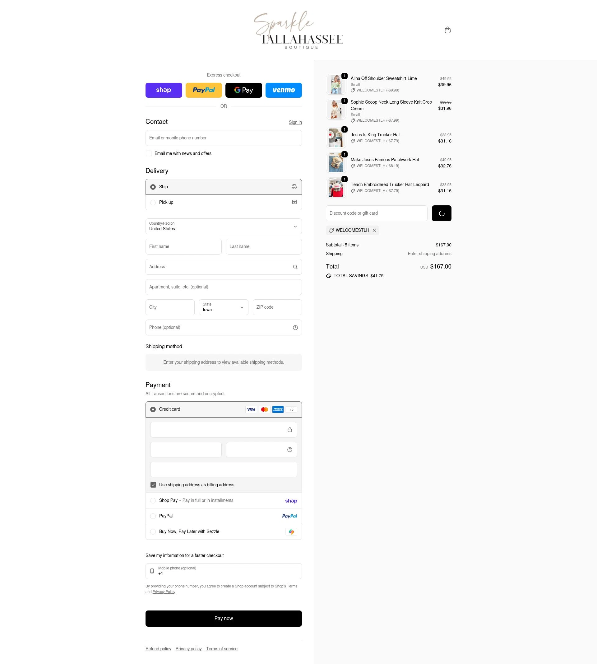 Sparkle Tallahassee checkout page showing Sparkle Tallahassee promo code box | Screenshot taken by SimplyCodes community member on Feb 14, 2026