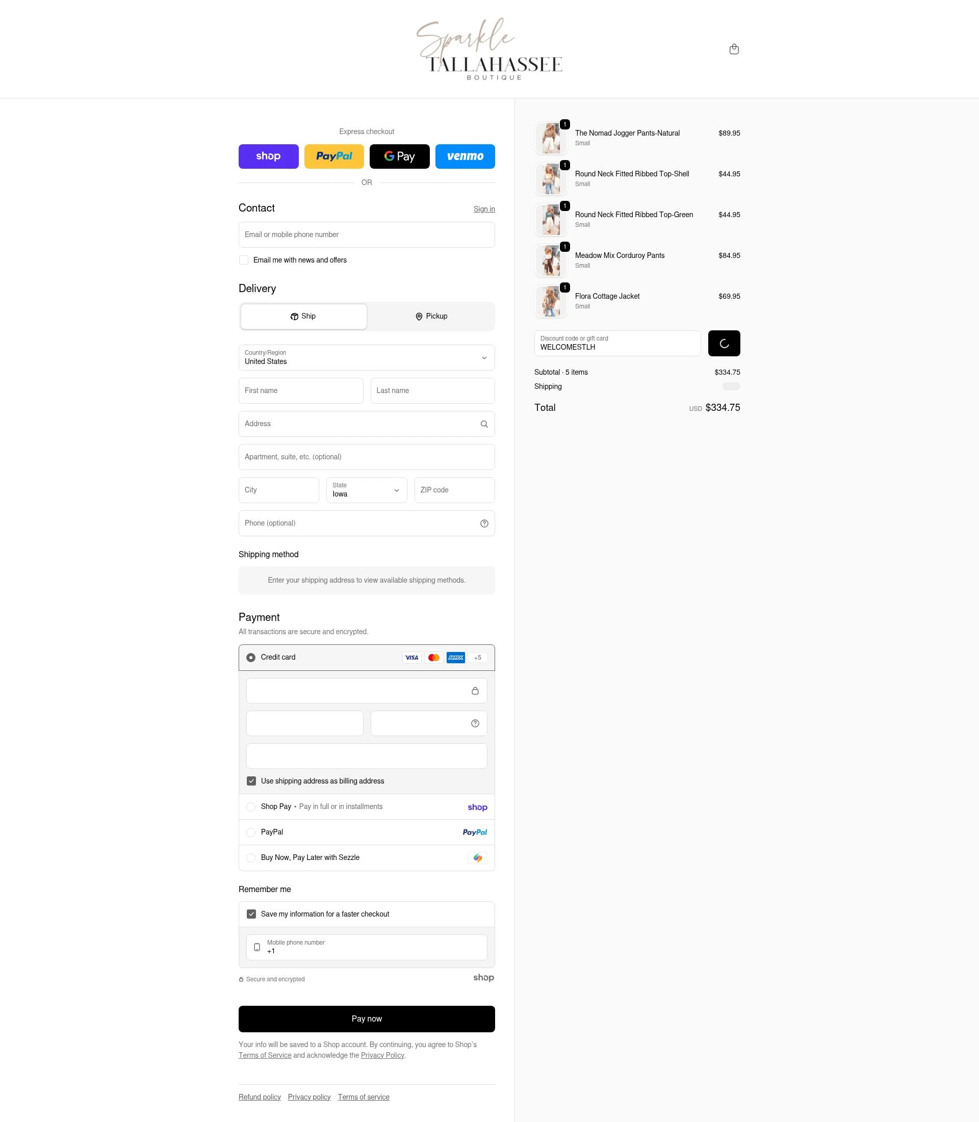 Sparkle Tallahassee checkout page showing Sparkle Tallahassee promo code box | Screenshot taken by SimplyCodes community member on Jan 23, 2026