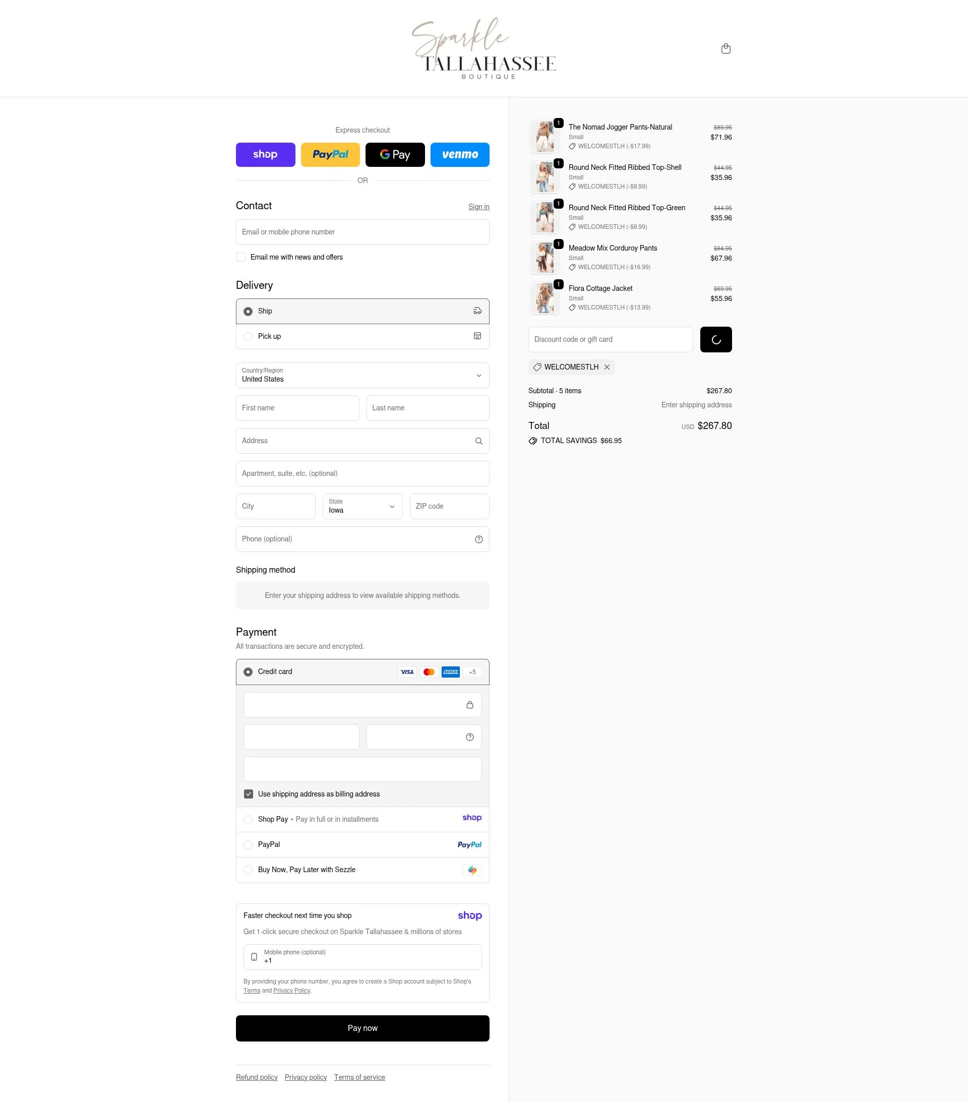 Sparkle Tallahassee checkout page showing Sparkle Tallahassee promo code box | Screenshot taken by SimplyCodes community member on Jan 8, 2026