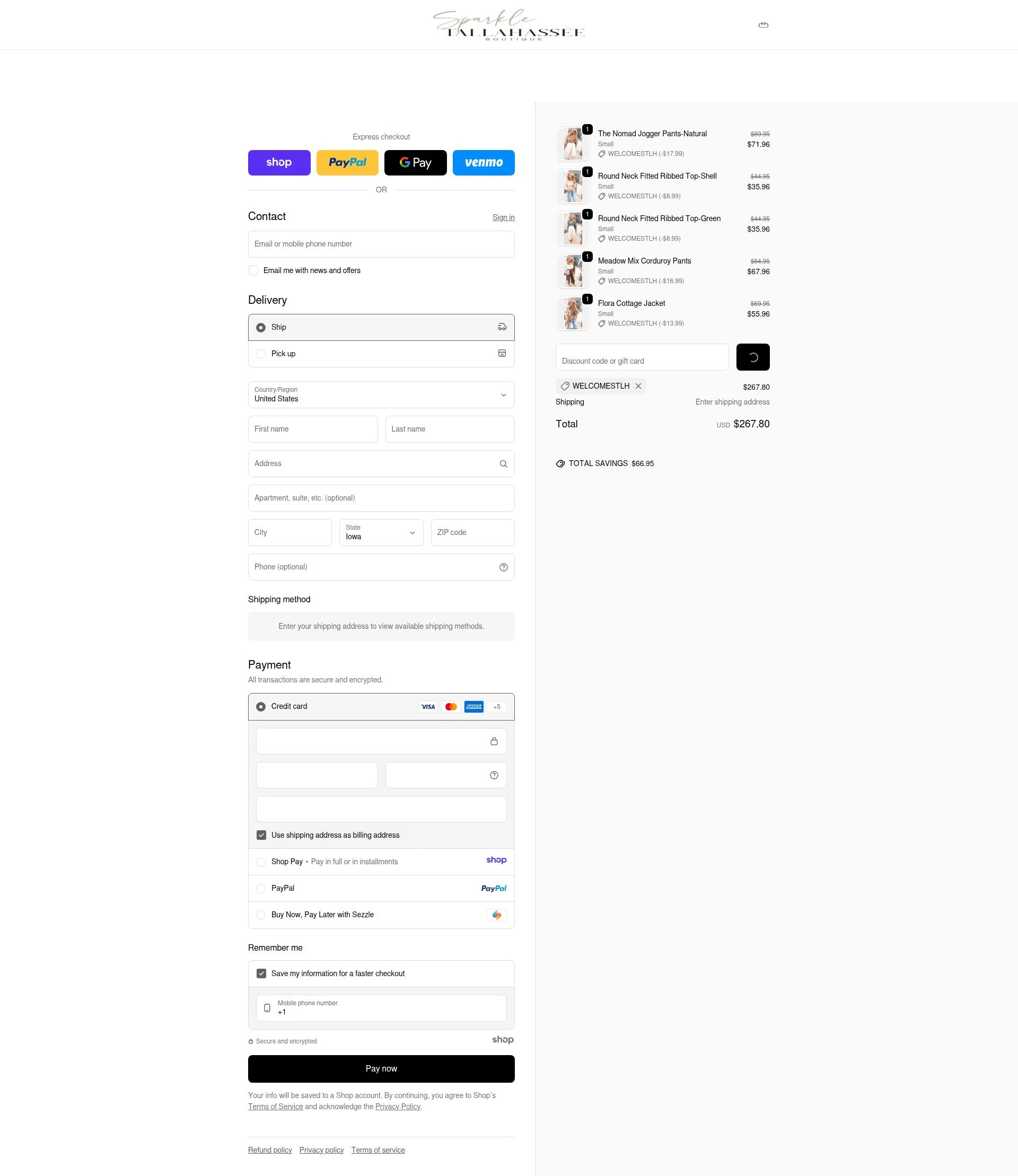 Sparkle Tallahassee checkout page showing Sparkle Tallahassee promo code box | Screenshot taken by SimplyCodes community member on Jan 13, 2026