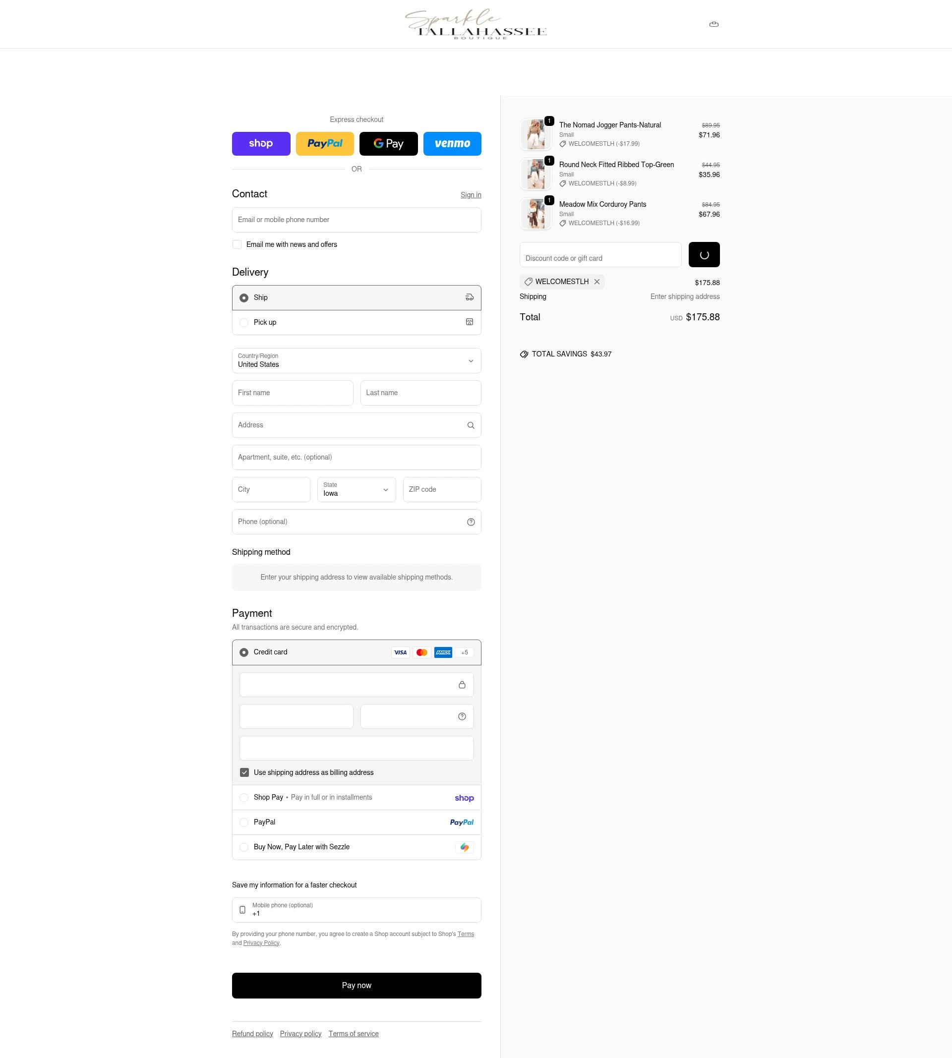 Sparkle Tallahassee checkout page showing Sparkle Tallahassee promo code box | Screenshot taken by SimplyCodes community member on Feb 1, 2026