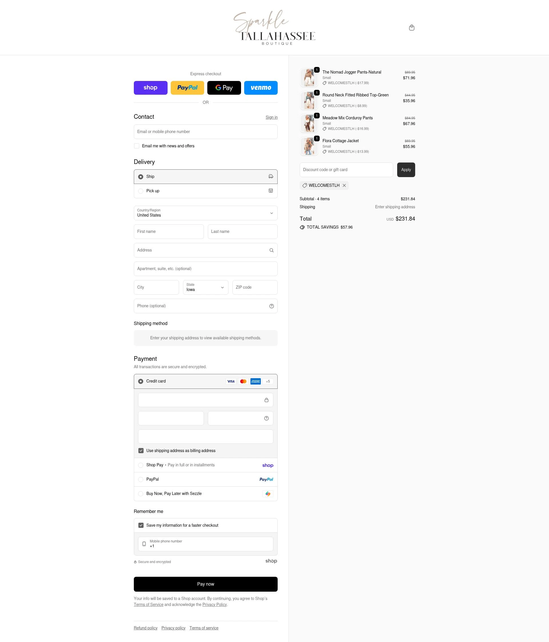 Sparkle Tallahassee checkout page showing Sparkle Tallahassee promo code box | Screenshot taken by SimplyCodes community member on Jan 27, 2026