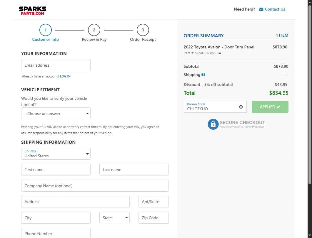 Sparks Parts checkout page showing Sparks Parts promo code box | Screenshot taken by SimplyCodes community member on Nov 8, 2025