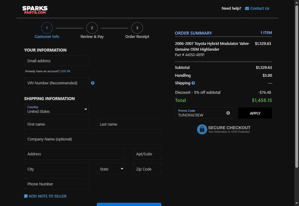 Sparks Parts checkout page showing Sparks Parts promo code box | Screenshot taken by SimplyCodes community member on Jun 19, 2025