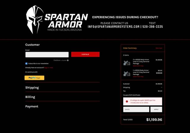 Spartan Armor Systems checkout page showing Spartan Armor Systems coupon code box | Screenshot taken by SimplyCodes community member on Sep 13, 2025