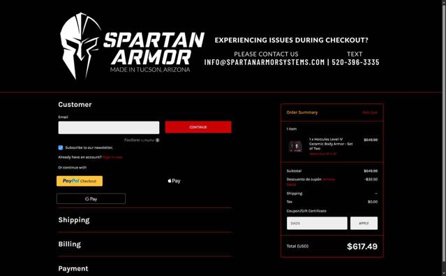 Spartan Armor Systems checkout page showing Spartan Armor Systems coupon code box | Screenshot taken by SimplyCodes community member on May 29, 2025