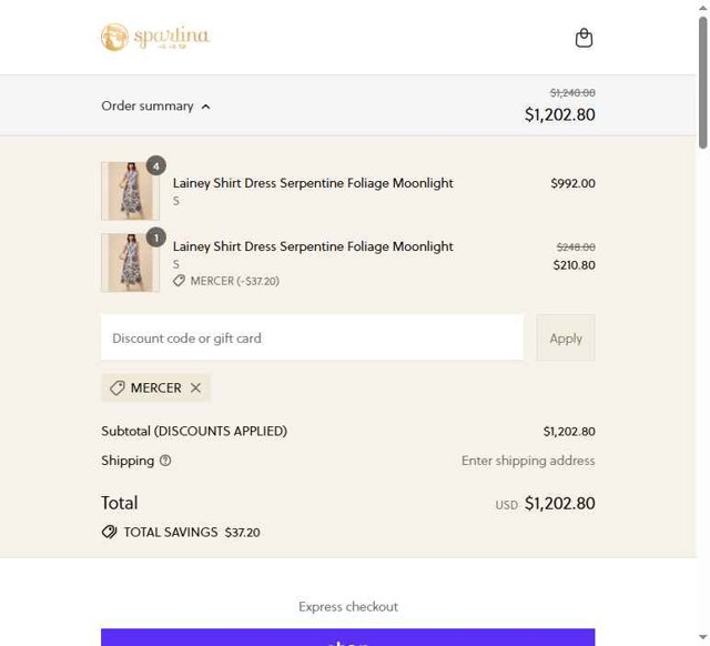 Spartina 449 checkout page showing Spartina 449 promo code box | Screenshot taken by SimplyCodes community member on Sep 3, 2025