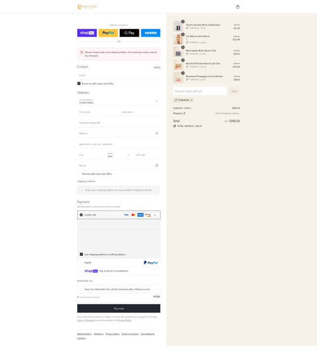 Spartina 449 checkout page showing Spartina 449 promo code box | Screenshot taken by SimplyCodes community member on Aug 5, 2025
