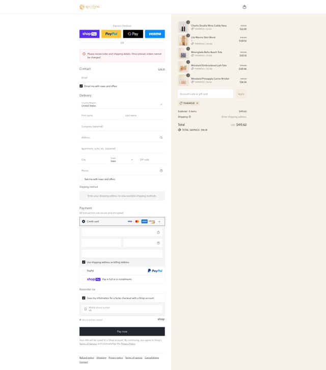 Spartina 449 checkout page showing Spartina 449 promo code box | Screenshot taken by SimplyCodes community member on Aug 5, 2025