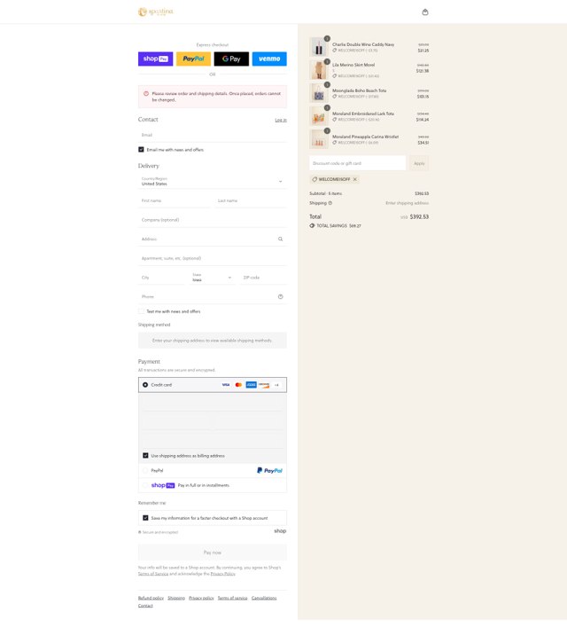 Spartina 449 checkout page showing Spartina 449 promo code box | Screenshot taken by SimplyCodes community member on Aug 5, 2025