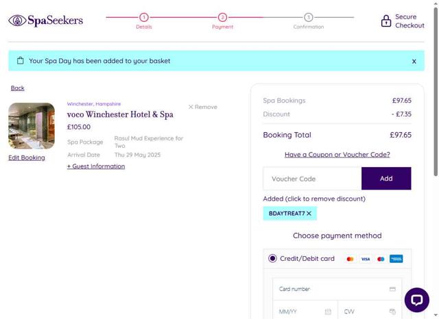 SpaSeekers checkout page showing SpaSeekers promo code box | Screenshot taken by SimplyCodes community member on May 20, 2025