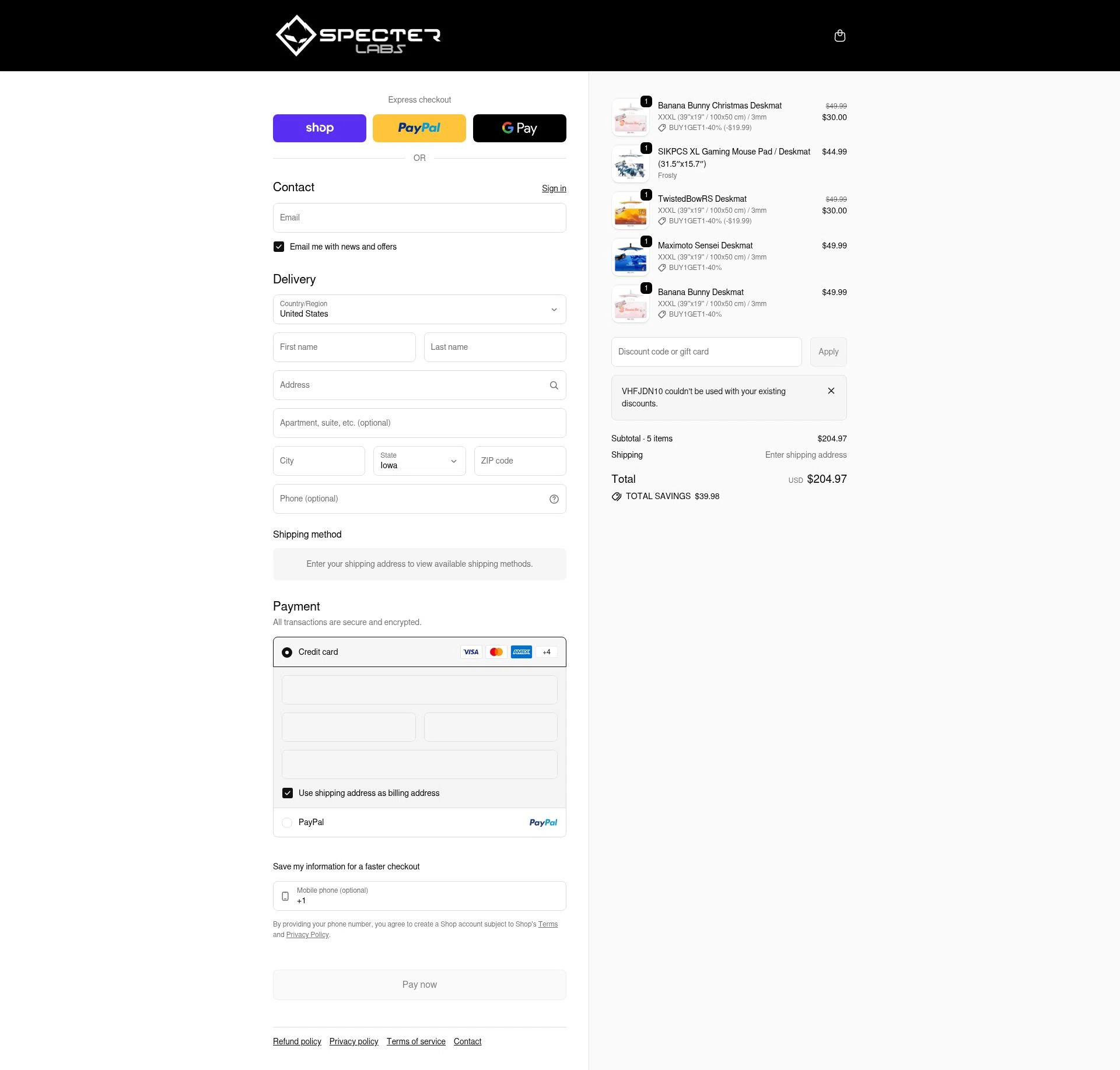 Specter Labs checkout page showing Specter Labs discount code box | Screenshot taken by SimplyCodes community member on Feb 10, 2026