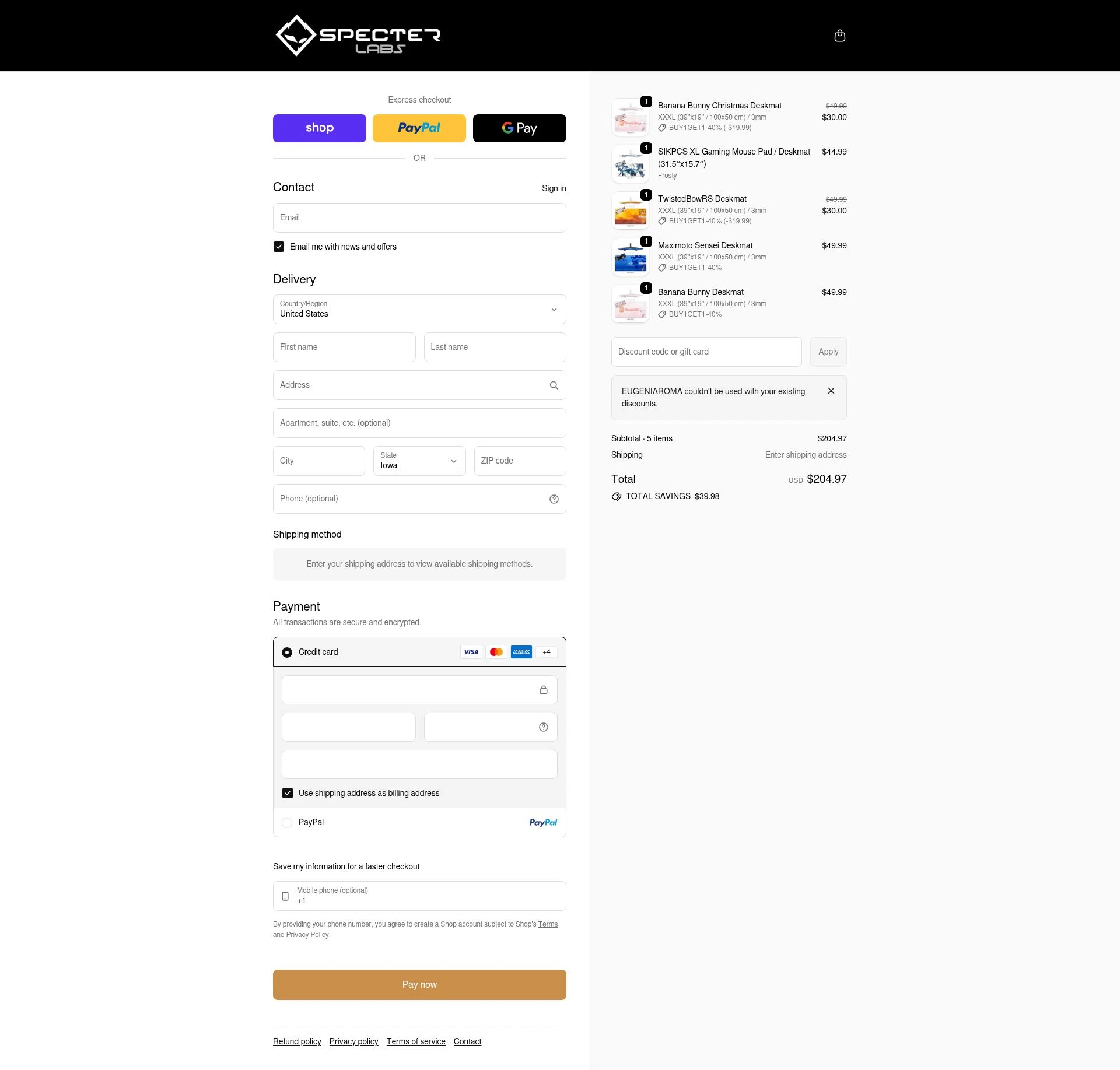 Specter Labs checkout page showing Specter Labs discount code box | Screenshot taken by SimplyCodes community member on Feb 10, 2026