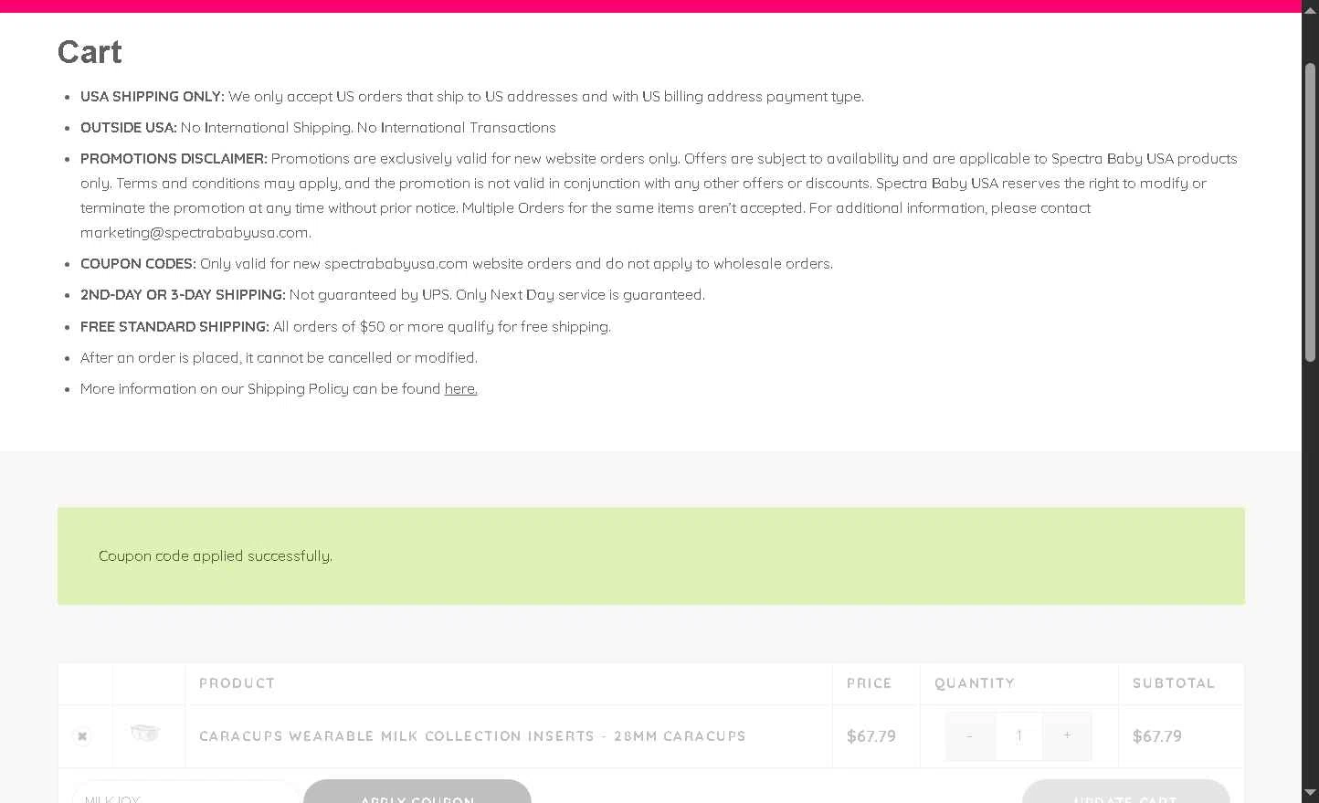 Spectra Baby USA checkout page showing Spectra Baby USA coupon code box | Screenshot taken by SimplyCodes community member on Nov 24, 2025