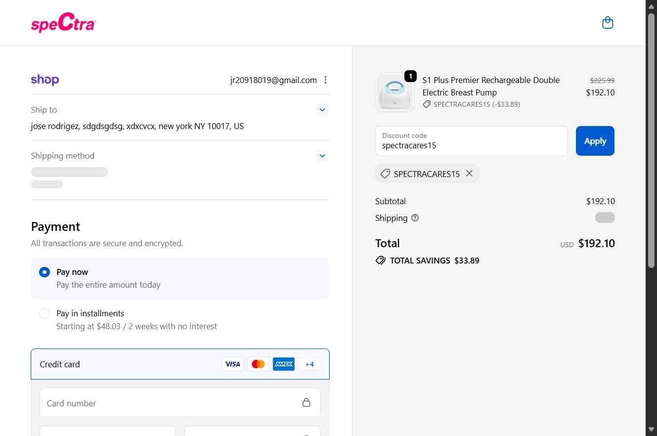 Spectra Baby USA checkout page showing Spectra Baby USA coupon code box | Screenshot taken by SimplyCodes community member on Jan 14, 2026