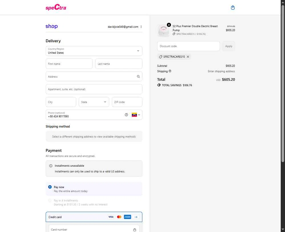 Spectra Baby USA checkout page showing Spectra Baby USA coupon code box | Screenshot taken by SimplyCodes community member on Dec 31, 2025