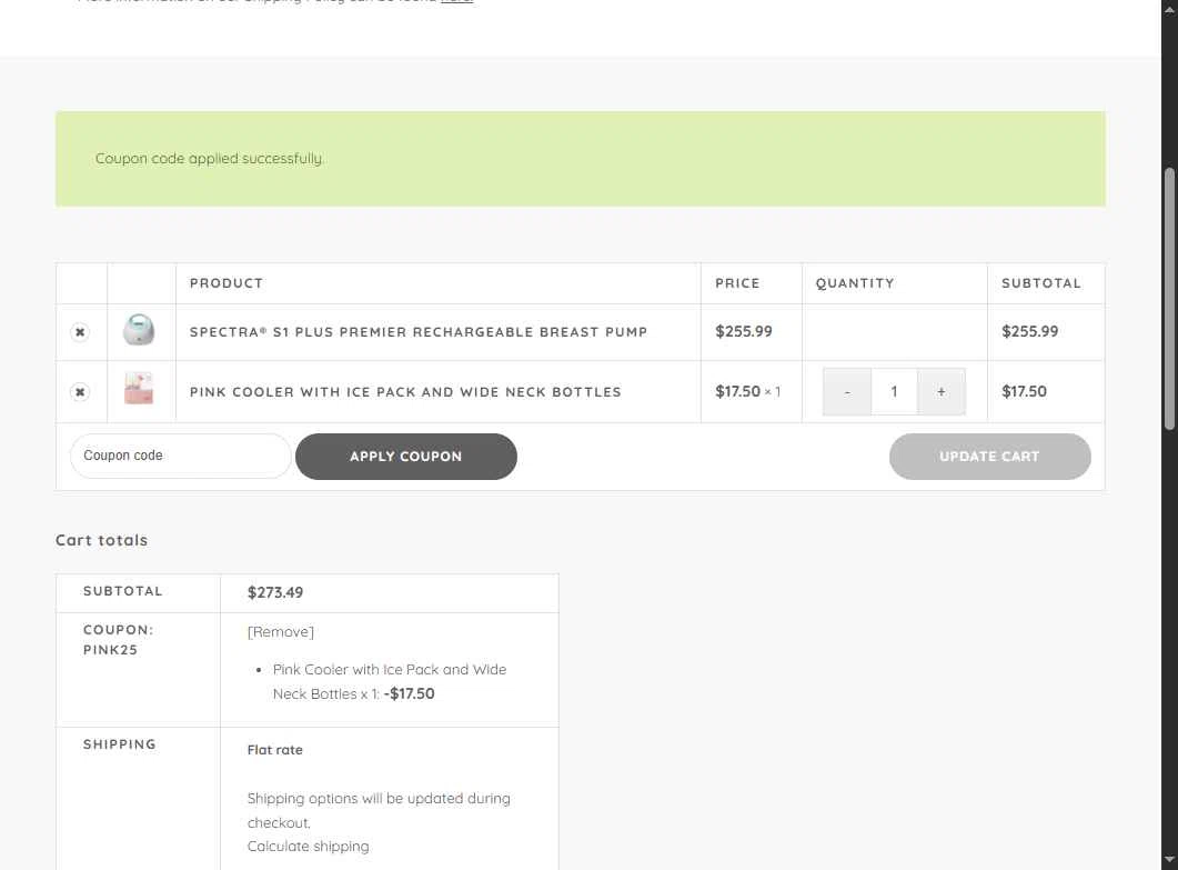 Spectra Baby USA checkout page showing Spectra Baby USA coupon code box | Screenshot taken by SimplyCodes community member on Dec 4, 2025