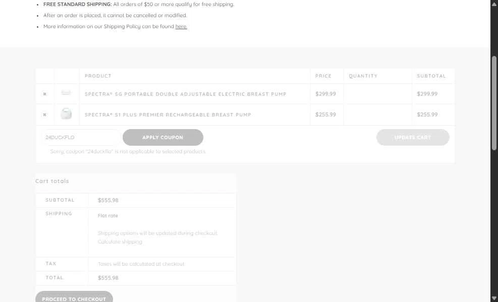 Spectra Baby USA checkout page showing Spectra Baby USA coupon code box | Screenshot taken by SimplyCodes community member on Oct 14, 2025