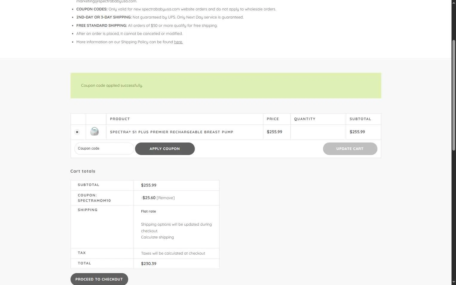 Spectra Baby USA checkout page showing Spectra Baby USA coupon code box | Screenshot taken by SimplyCodes community member on Nov 20, 2025