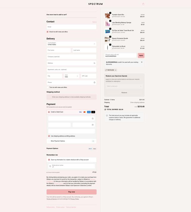 Spectrum Collections checkout page showing Spectrum Collections promo code box | Screenshot taken by SimplyCodes community member on Oct 3, 2025