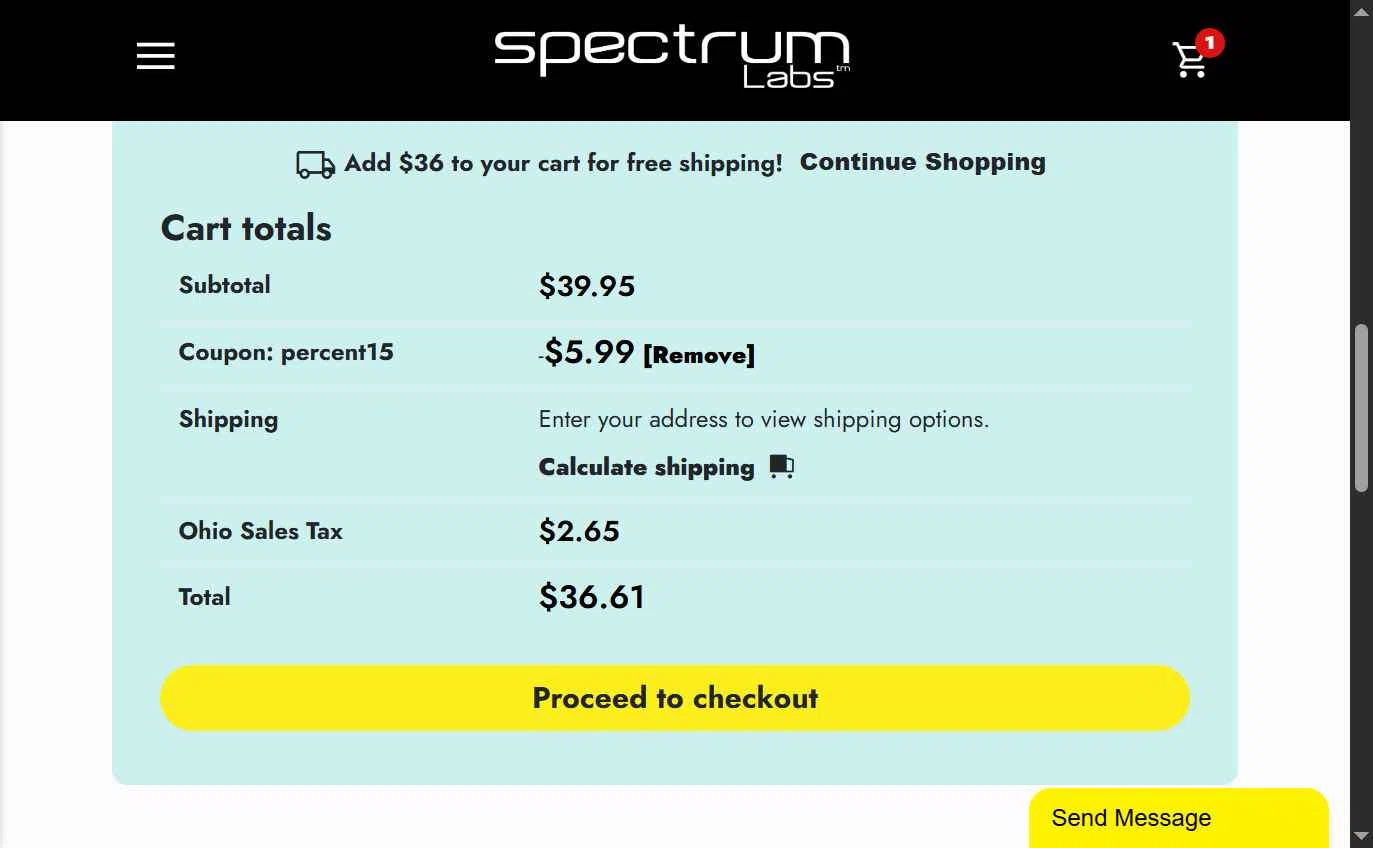 Spectrum Labs checkout page showing Spectrum Labs coupon code box | Screenshot taken by SimplyCodes community member on Oct 11, 2025