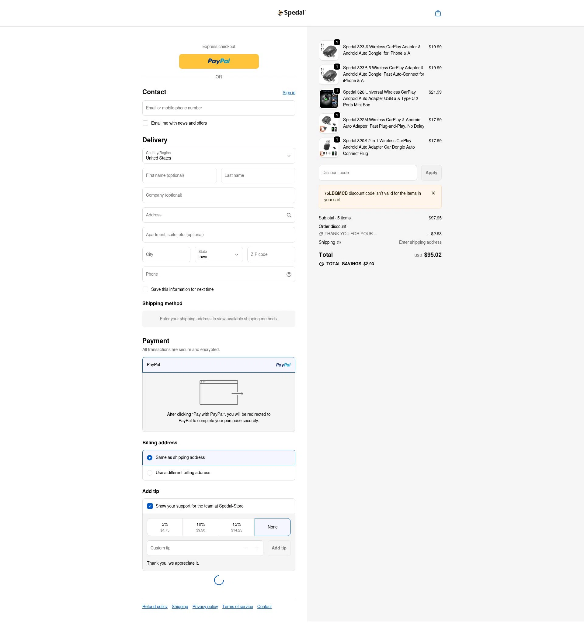 Spedal checkout page showing Spedal promo code box | Screenshot taken by SimplyCodes community member on Jan 13, 2026