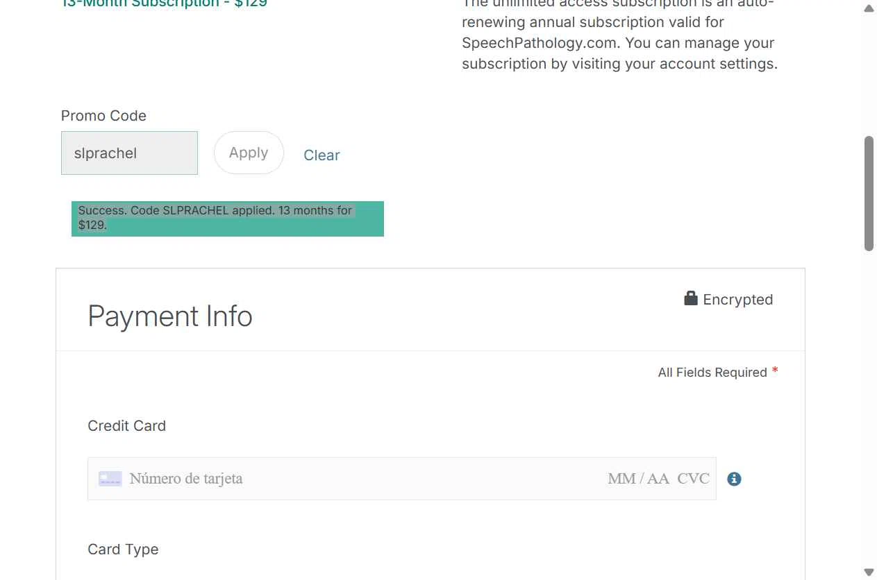Speech Pathology checkout page showing Speech Pathology promo code box | Screenshot taken by SimplyCodes community member on Jan 25, 2026