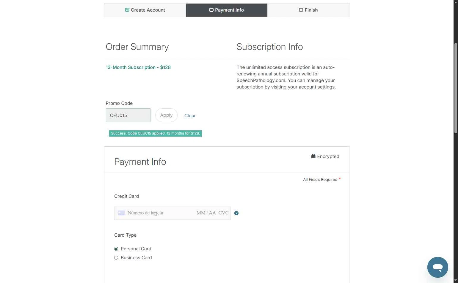 Speech Pathology checkout page showing Speech Pathology promo code box | Screenshot taken by SimplyCodes community member on Feb 9, 2026