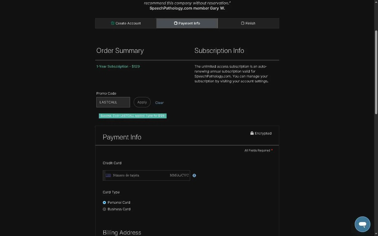 Speech Pathology checkout page showing Speech Pathology promo code box | Screenshot taken by SimplyCodes community member on Dec 31, 2025