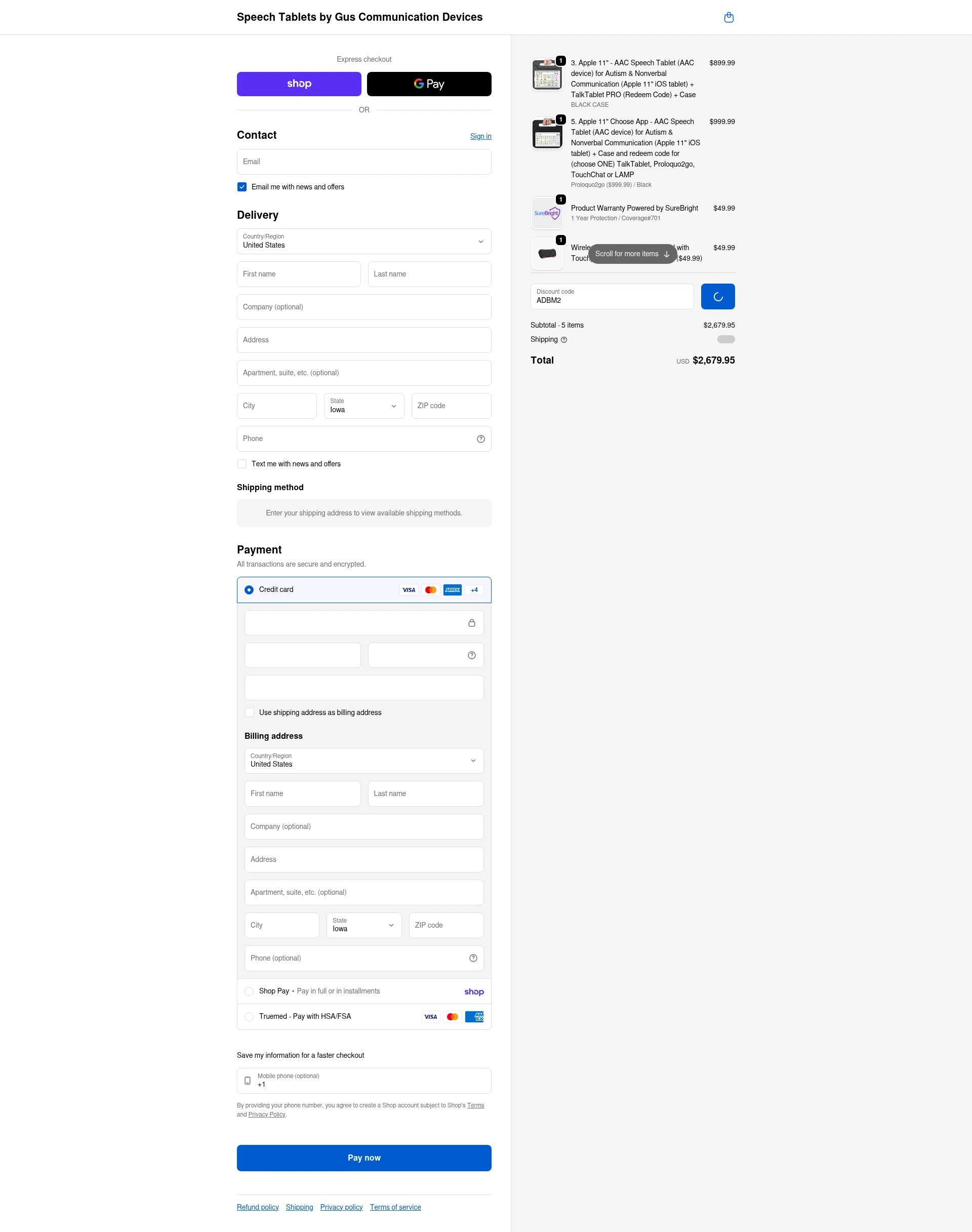 Speech Tablets by Gus Communication Devices checkout page showing Speech Tablets by Gus Communication Devices promo code box | Screenshot taken by SimplyCodes community member on Feb 13, 2026
