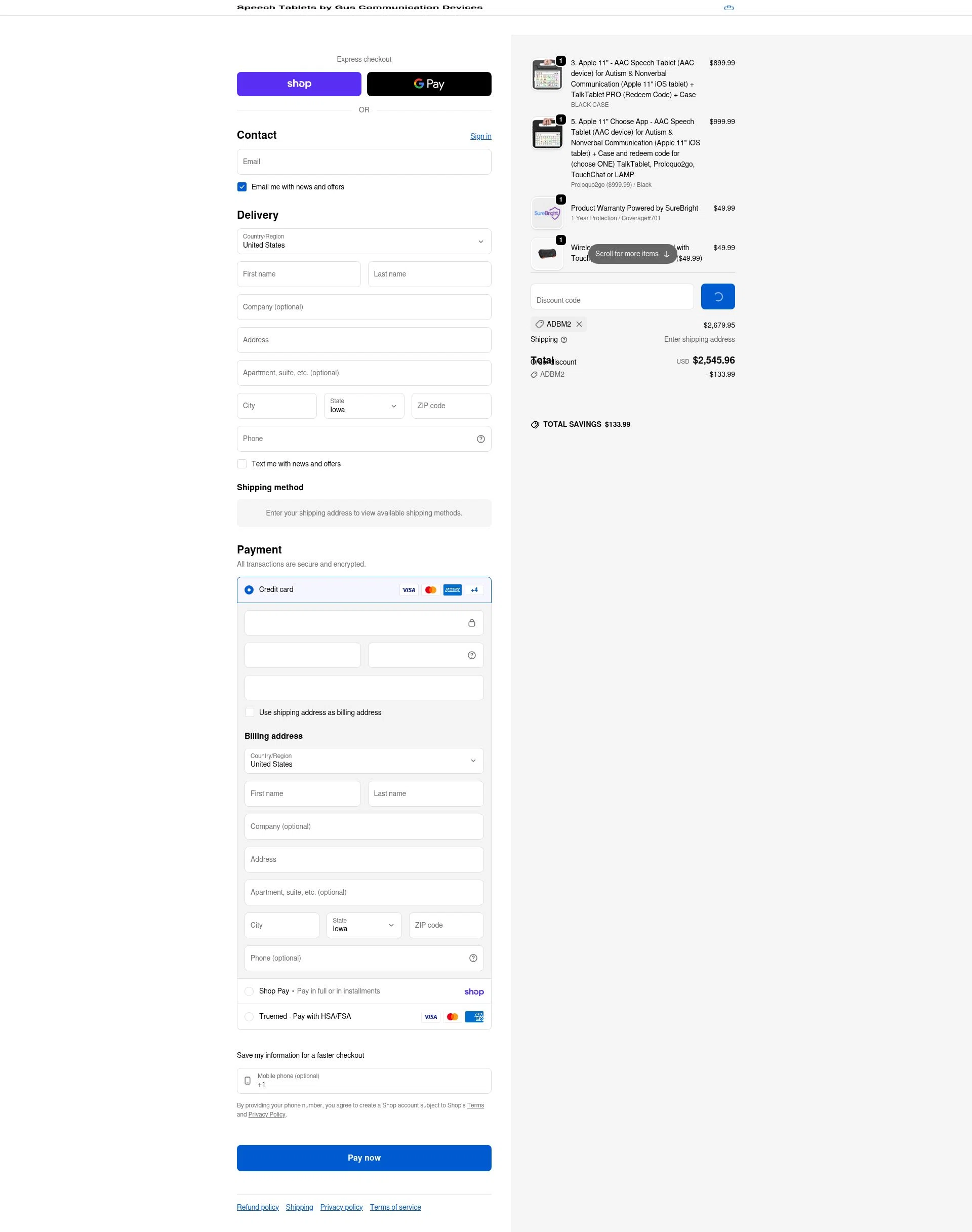 Speech Tablets by Gus Communication Devices checkout page showing Speech Tablets by Gus Communication Devices promo code box | Screenshot taken by SimplyCodes community member on Feb 8, 2026