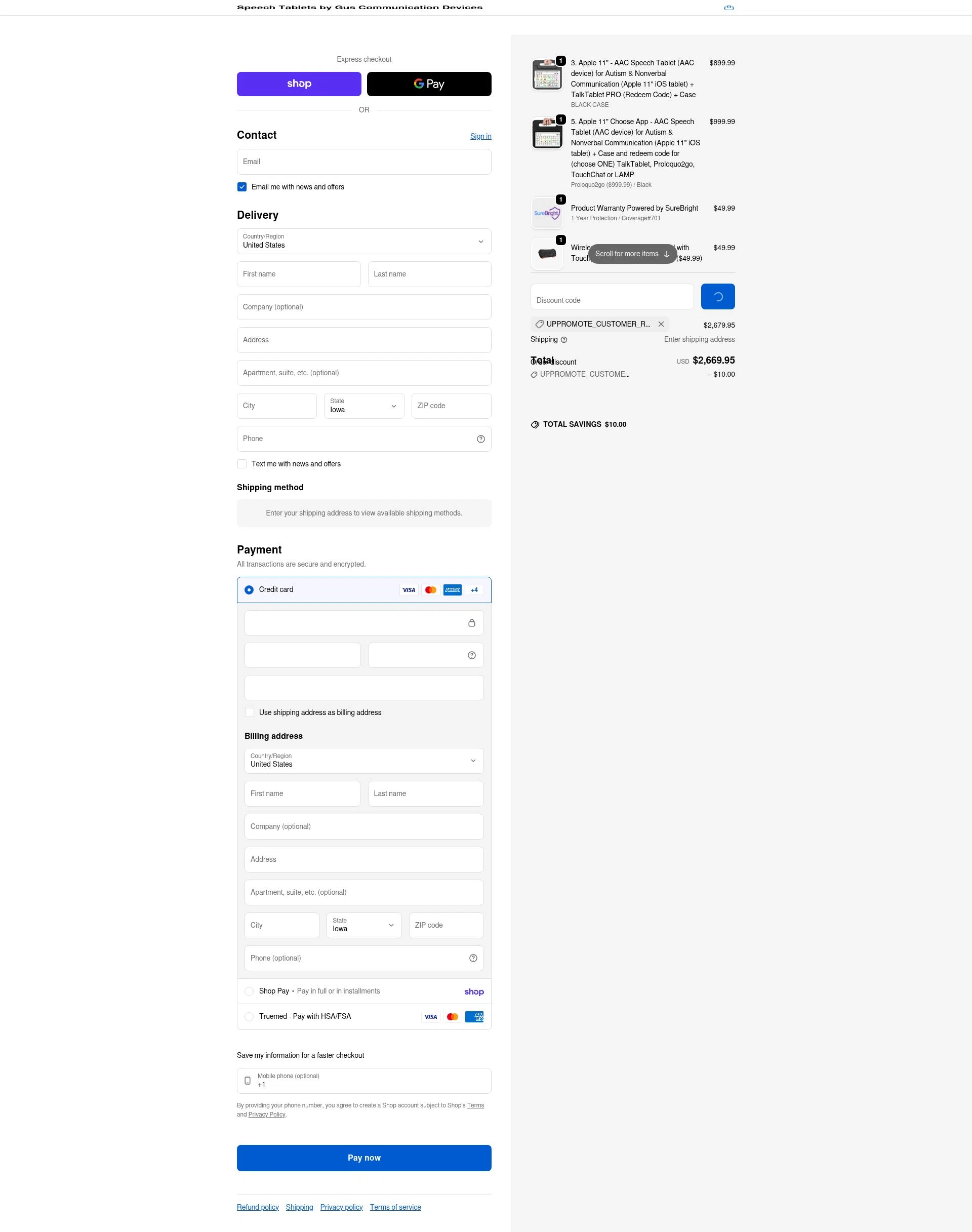 Speech Tablets by Gus Communication Devices checkout page showing Speech Tablets by Gus Communication Devices promo code box | Screenshot taken by SimplyCodes community member on Feb 8, 2026