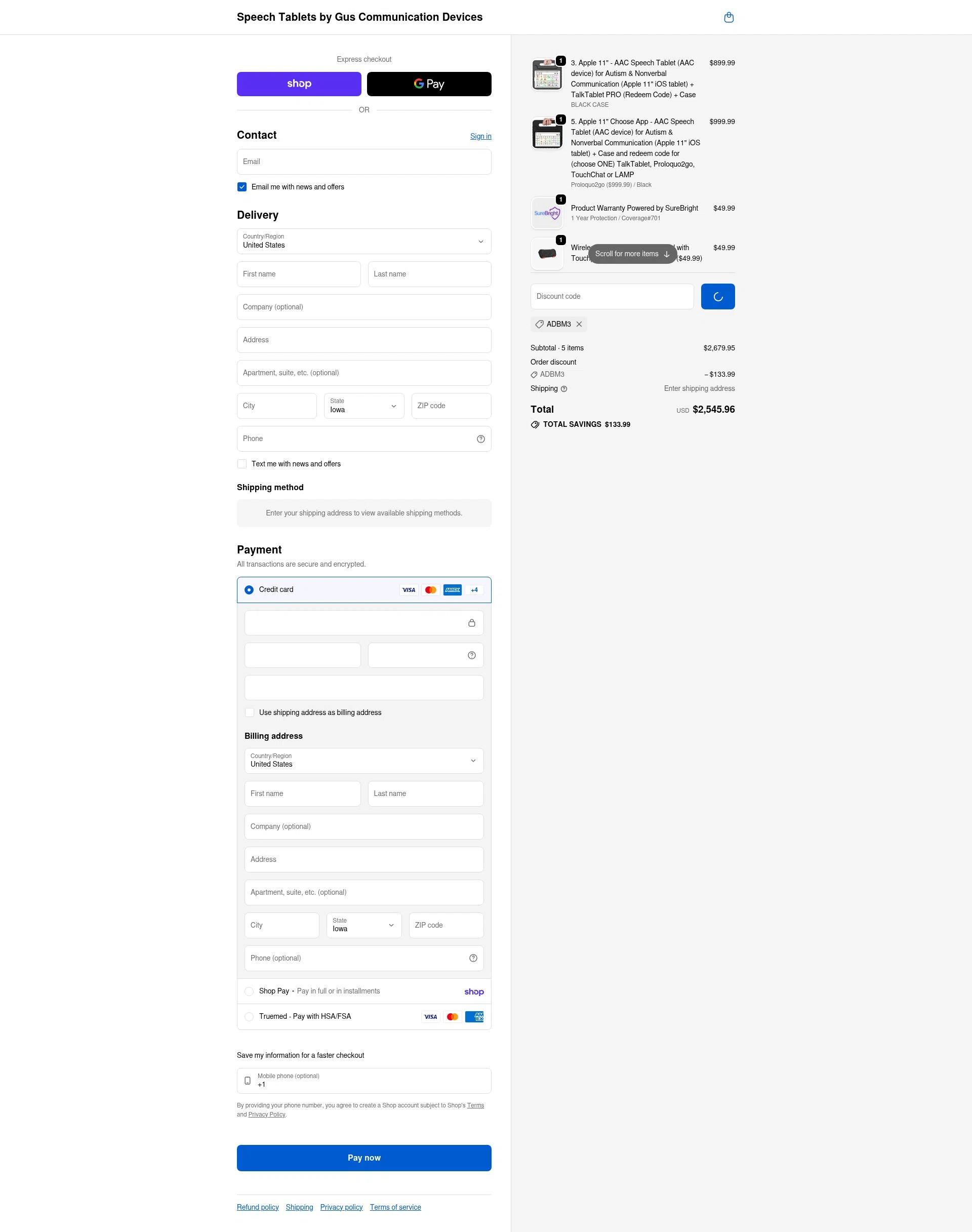 Speech Tablets by Gus Communication Devices checkout page showing Speech Tablets by Gus Communication Devices promo code box | Screenshot taken by SimplyCodes community member on Feb 13, 2026