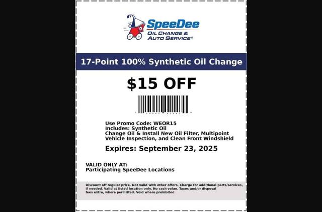 SpeeDee Oil Change checkout page showing SpeeDee Oil Change promo code box | Screenshot taken by SimplyCodes community member on Sep 9, 2025