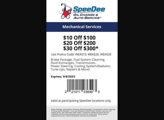 SpeeDee Oil Change checkout page showing SpeeDee Oil Change promo code box | Screenshot taken by SimplyCodes community member on Aug 26, 2025