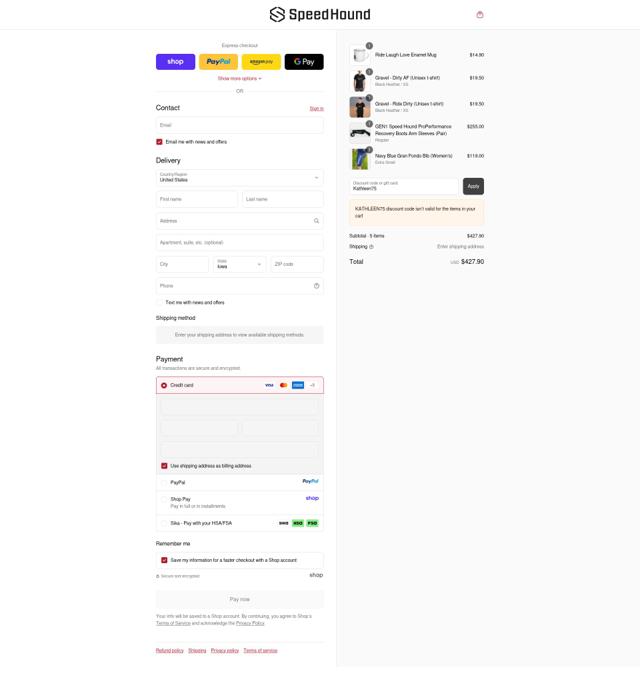 Speed Hound checkout page showing Speed Hound discount code box | Screenshot taken by SimplyCodes community member on Sep 11, 2025