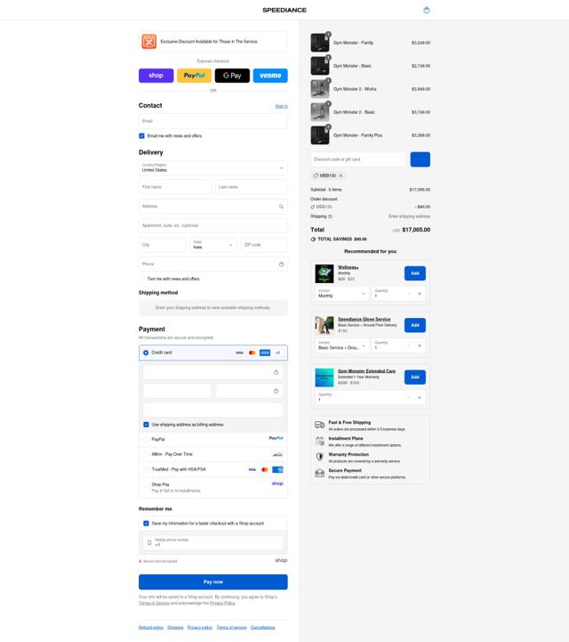 Speediance checkout page showing Speediance discount code box | Screenshot taken by SimplyCodes community member on Sep 12, 2025
