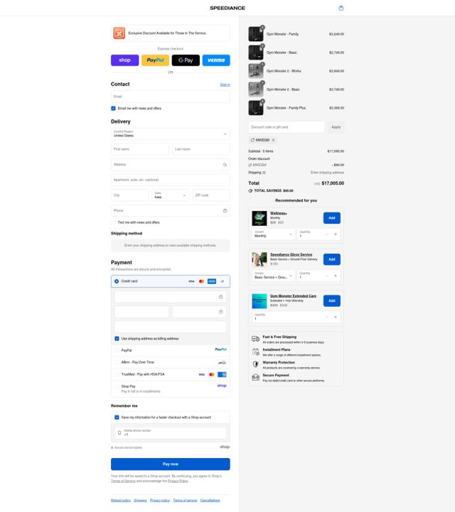 Speediance checkout page showing Speediance discount code box | Screenshot taken by SimplyCodes community member on Sep 12, 2025