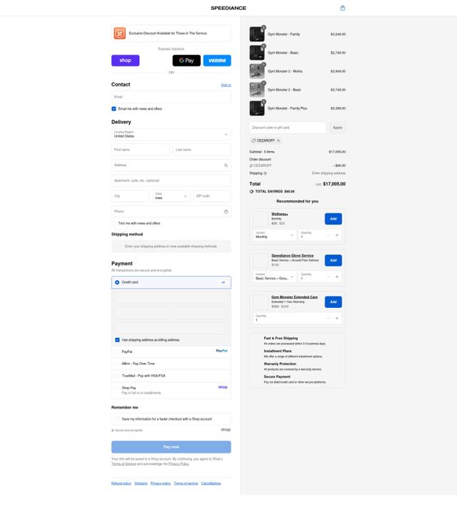 Speediance checkout page showing Speediance discount code box | Screenshot taken by SimplyCodes community member on Sep 12, 2025