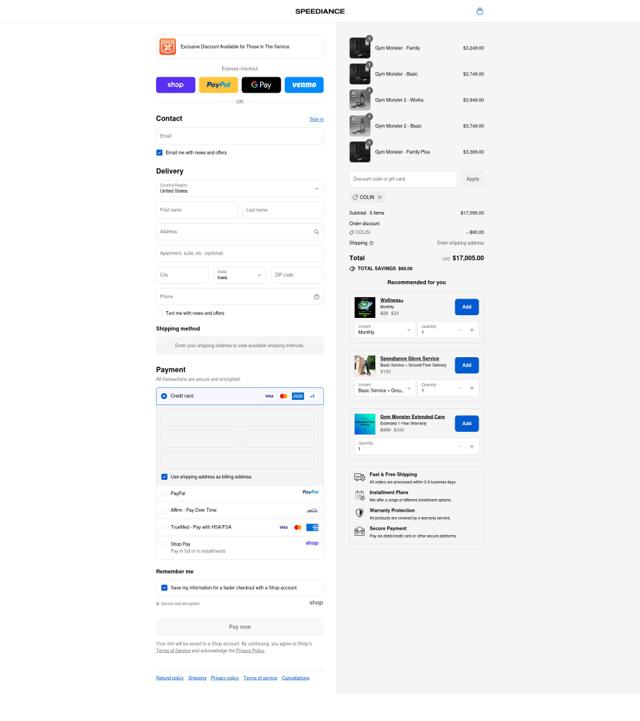 Speediance checkout page showing Speediance discount code box | Screenshot taken by SimplyCodes community member on Sep 12, 2025