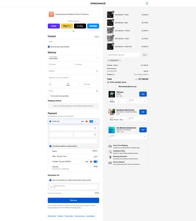 Speediance checkout page showing Speediance discount code box | Screenshot taken by SimplyCodes community member on Sep 12, 2025