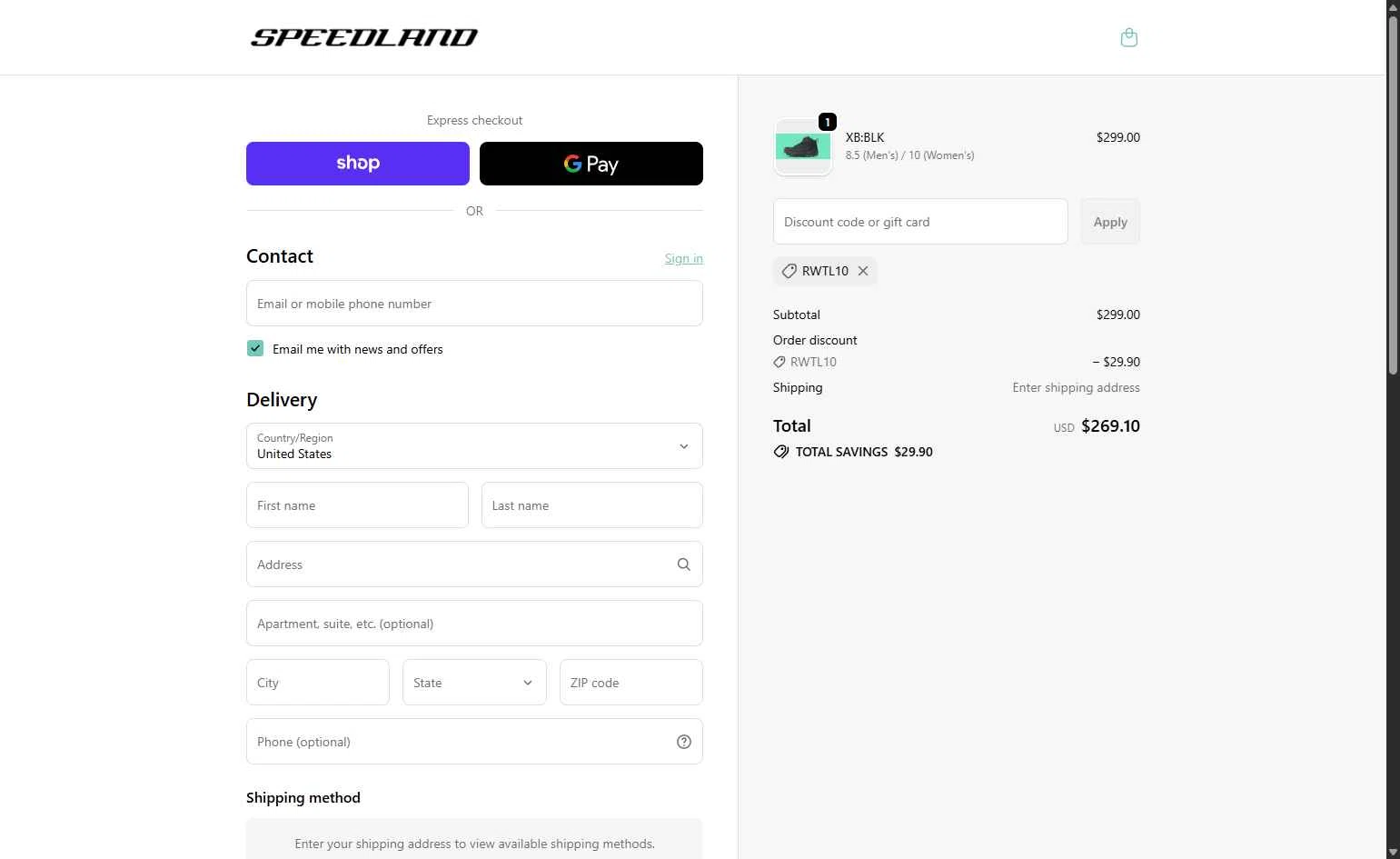 Speedland checkout page showing Speedland discount code box | Screenshot taken by SimplyCodes community member on Feb 10, 2026